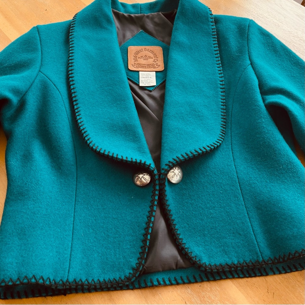 Vintage Western Cropped Jacket Wool Teal Turquoise Southwestern Silver Buttons
